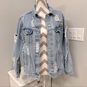 Light Wash Distressed Denim Jacket - Women